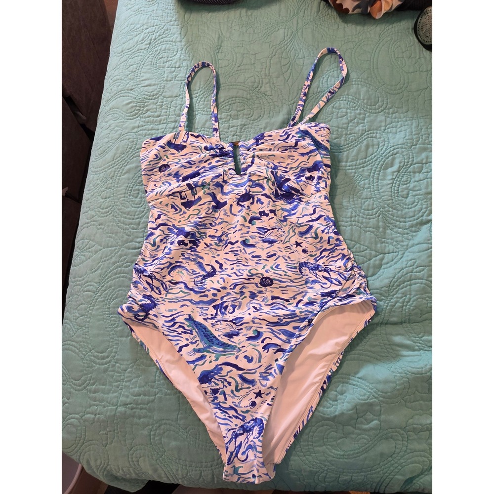 Maeve Anthropologie One Piece Swimsuit 2X Blue White Sea Life Lace Up Back